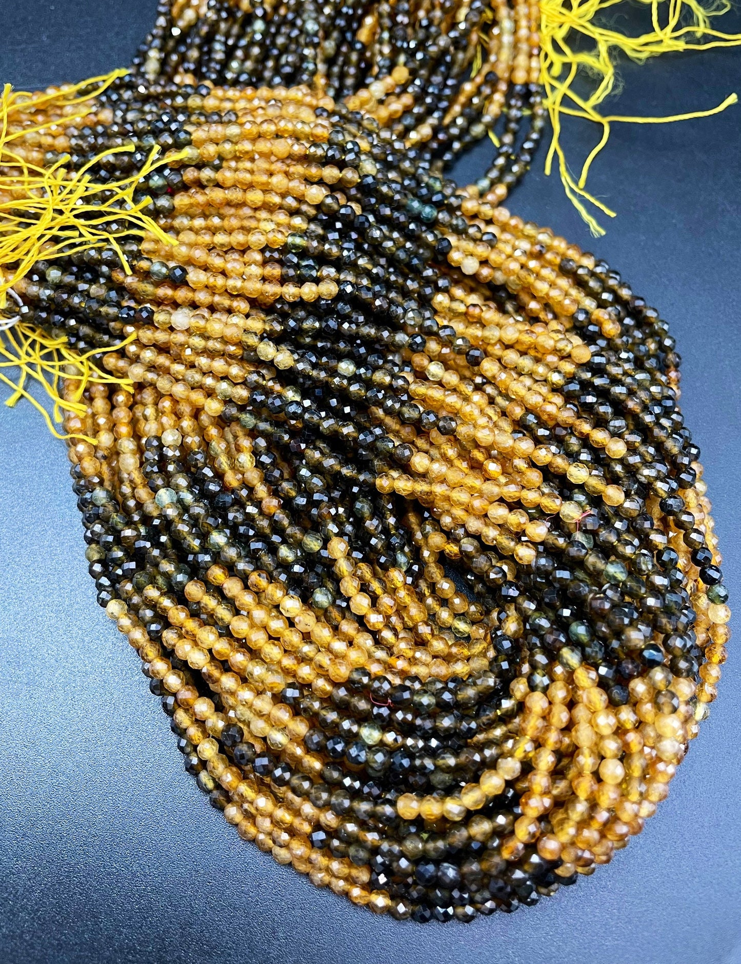 AAA Black Yellow Tourmaline Gemstone Bead Faceted 3mm 4mm Round Bead, Gorgeous Black Yellow Color Tourmaline Gemstone Beads