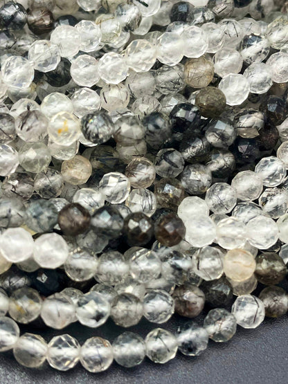 AAA Natural Rutilated Quartz Faceted 5mm Round Bead, Beautiful Black Clear Color Rutilated Quartz Gemstone Beads