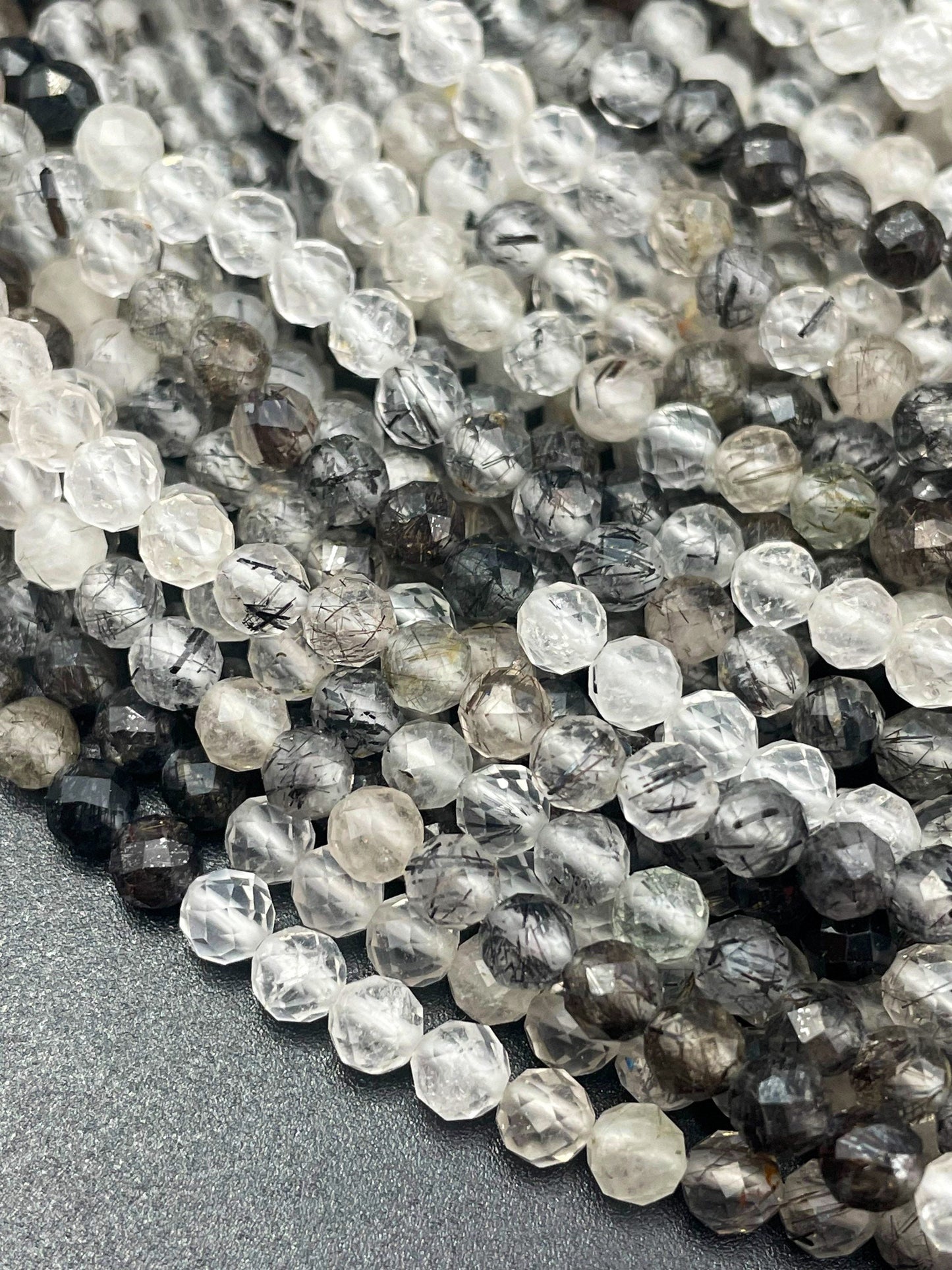 AAA Natural Rutilated Quartz Faceted 5mm Round Bead, Beautiful Black Clear Color Rutilated Quartz Gemstone Beads