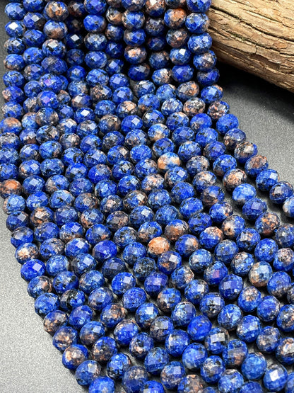 Beautiful Blue Azurite Gemstone Bead Faceted 5x8mm Rondelle Shape, Gorgeous Blue Color w/ Orange Points