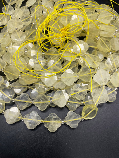 AAA Natural Lemon Quartz Gemstone Bead Faceted 17mm Flower Clover Shape, Beautiful Yellow Lemon Color Quartz Gemstone Bead