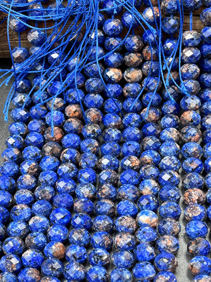 Beautiful Blue Azurite Gemstone Bead Faceted 5x8mm Rondelle Shape, Gorgeous Blue Color w/ Orange Points