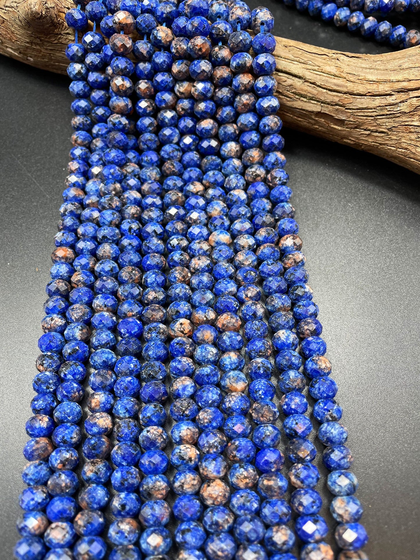 Beautiful Blue Azurite Gemstone Bead Faceted 5x8mm Rondelle Shape, Gorgeous Blue Color w/ Orange Points