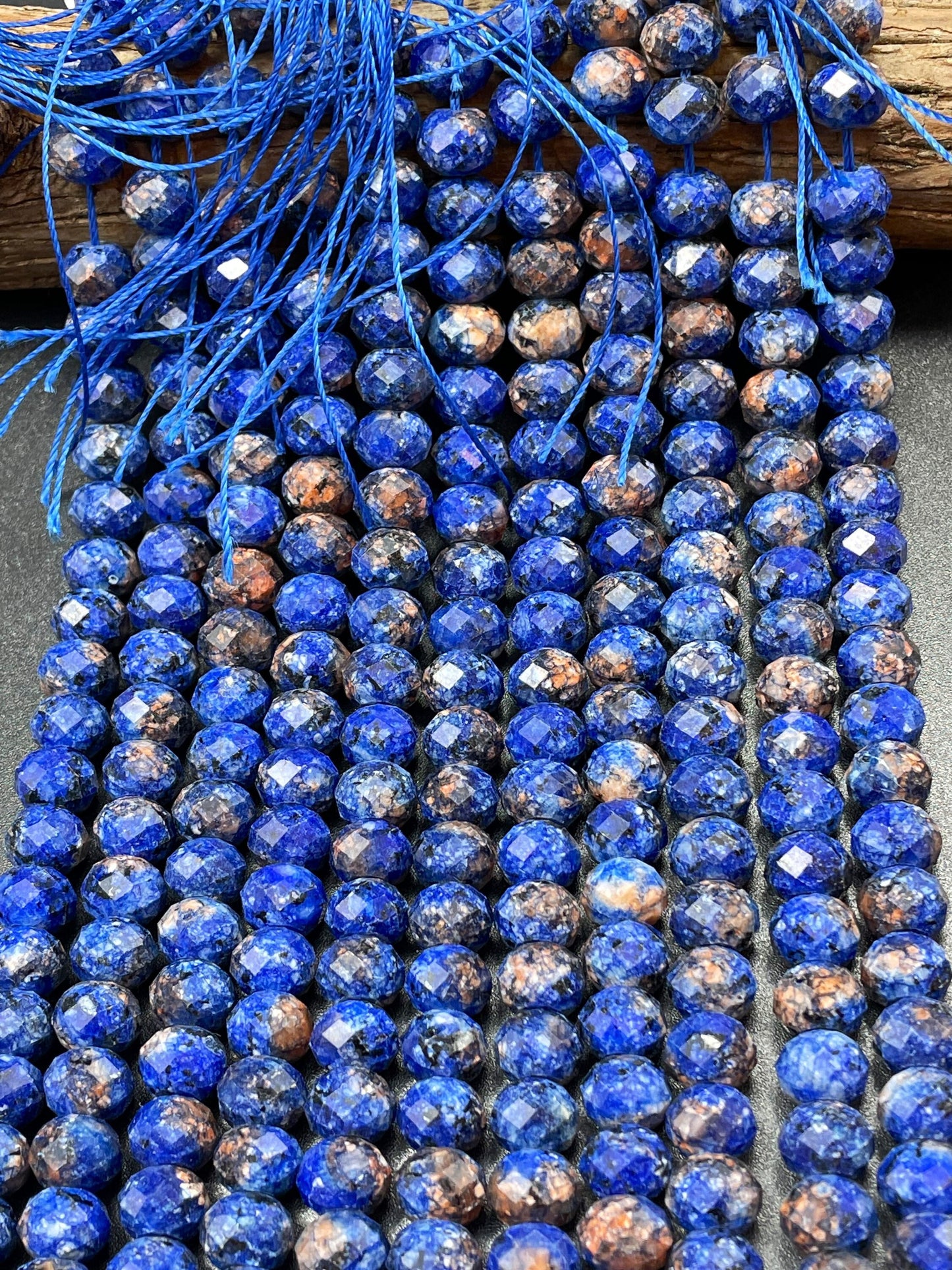 Beautiful Blue Azurite Gemstone Bead Faceted 5x8mm Rondelle Shape, Gorgeous Blue Color w/ Orange Points