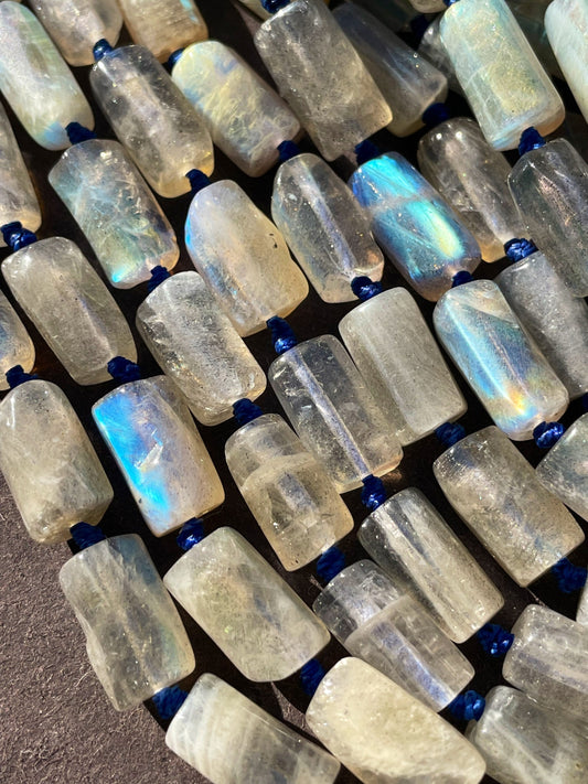 AAA Natural Rainbow Labradorite Gemstone Bead Faceted 8x12mm Tube Shape Bead, Gorgeous Natural Gray Color w/ Blue Rainbow Flash Labradorite 15.5"