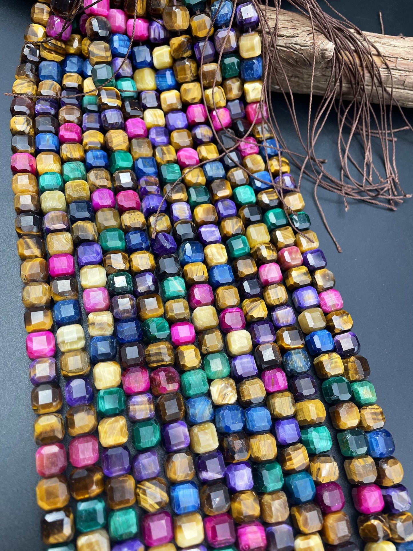 AAA Natural multi color tiger eye stone bead. Faceted 9mm cube shape bead. Beautiful natural multi tiger eye gemstone bead. High quality