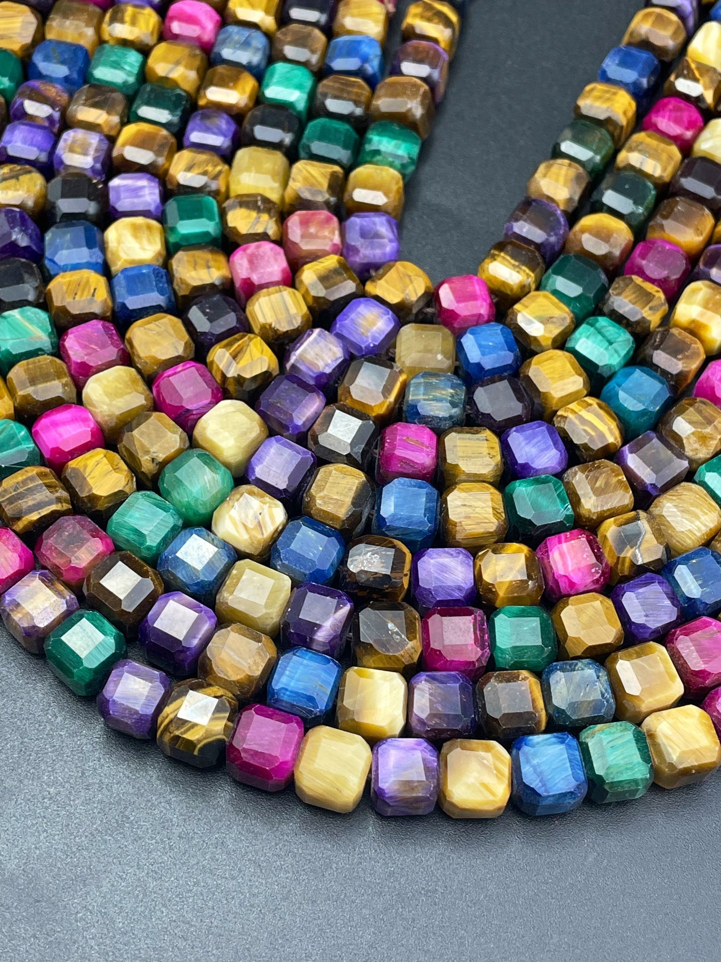 AAA Natural multi color tiger eye stone bead. Faceted 9mm cube shape bead. Beautiful natural multi tiger eye gemstone bead. High quality