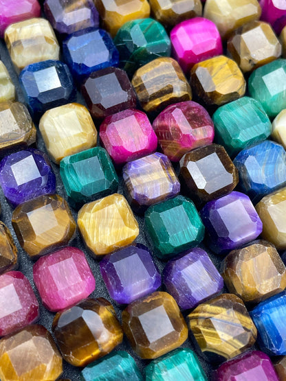 AAA Natural multi color tiger eye stone bead. Faceted 9mm cube shape bead. Beautiful natural multi tiger eye gemstone bead. High quality
