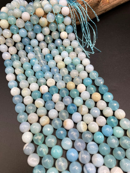 Natural Botswana Agate Gemstone Bead Faceted 6mm 8mm 10mm 12mm Round Bead, Gorgeous Sea Blue Color Agate Bead, Full Strand 15.5"