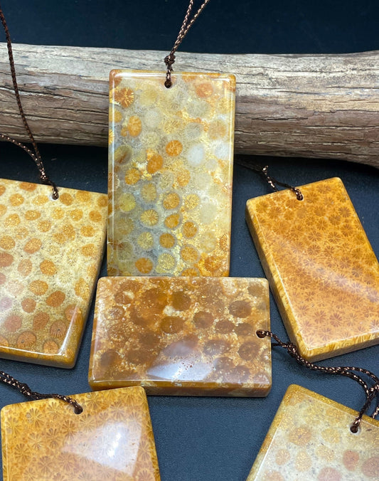 AAA Natural Fossil Coral Gemstone Pendant 32x46mm 40x55mm Rectangle Shape, Beautiful Light Brown Color Fossil Coral Pendant