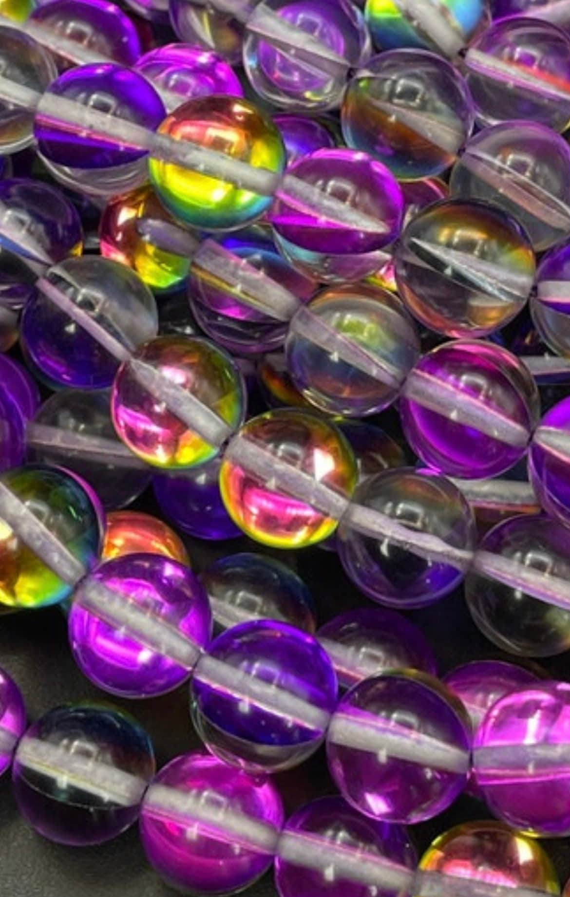 Mermaid Glass Beads 6mm 8mm 10mm 12mm Round Beads, Gorgeous Purple Rainbow Mermaid Glass Bead