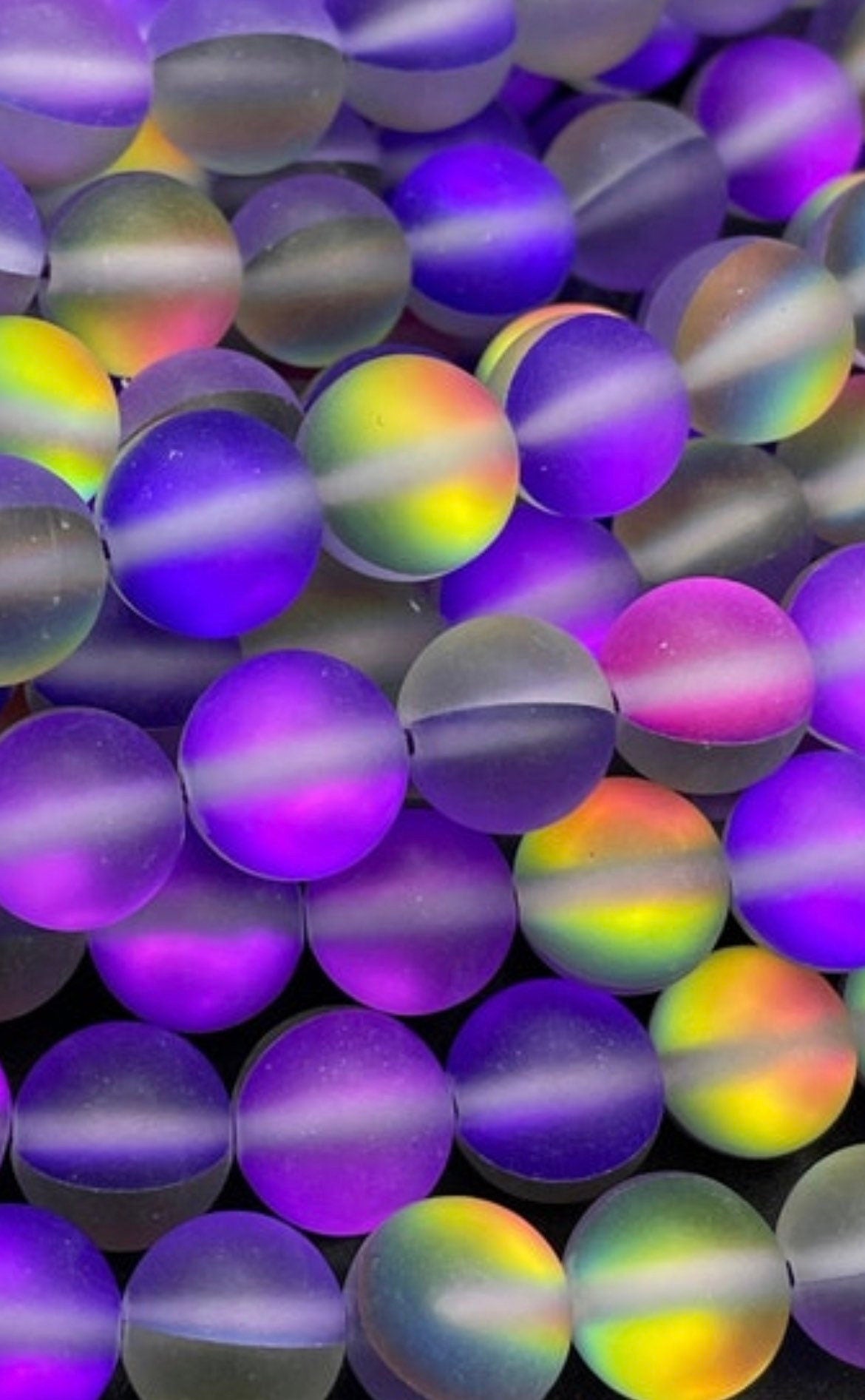 Beautiful Rainbow Mermaid Glass Bead, 6mm 8mm 10mm 12mm Round Beads, Beautiful Matte Purple Rainbow Color Mermaid Glass Bead, Full Strand 15.5"