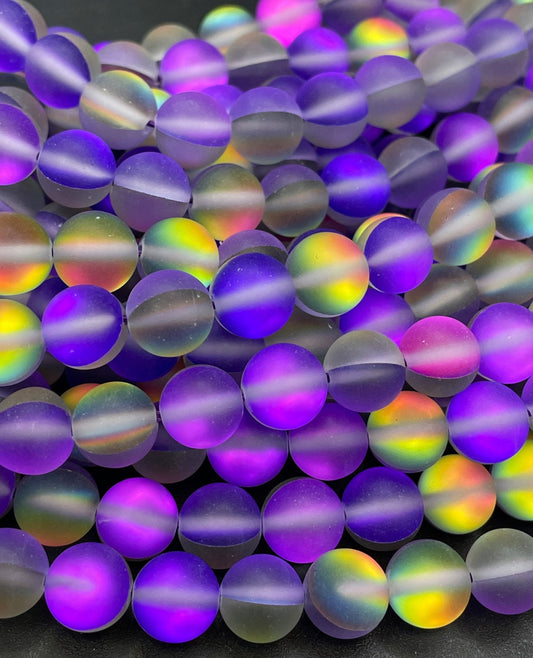 Beautiful Rainbow Mermaid Glass Bead, 6mm 8mm 10mm 12mm Round Beads, Beautiful Matte Purple Rainbow Color Mermaid Glass Bead, Full Strand 15.5"