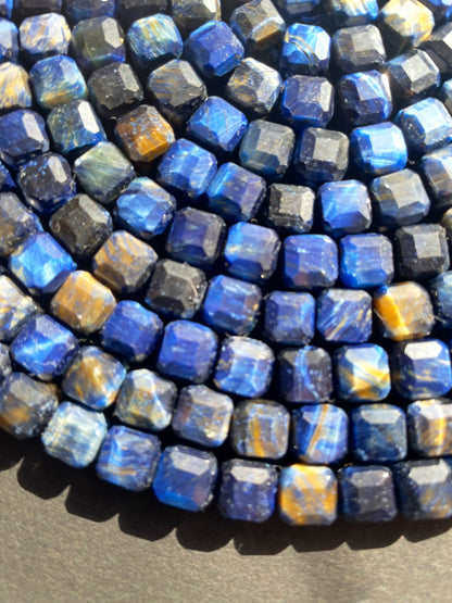 AAA Natural blue tiger eye gemstone bead. Faceted 8mm cube shape bead . Gorgeous royal blue color tiger eye gemstone. High quality bead !