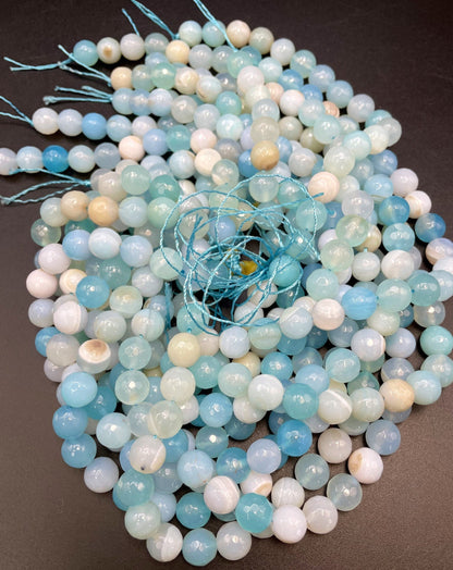 Natural Botswana Agate Gemstone Bead Faceted 6mm 8mm 10mm 12mm Round Bead, Gorgeous Sea Blue Color Agate Bead, Full Strand 15.5"