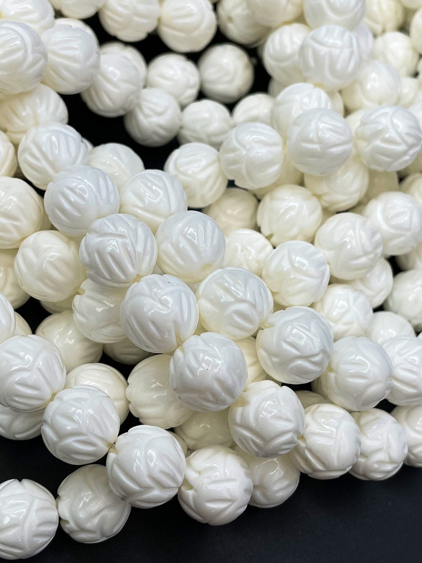 AAA Natural Hand Carved Shell Bead 8mm 10mm 12mm Round Beads, Unique Hand Carved White Shell High Quality Beads