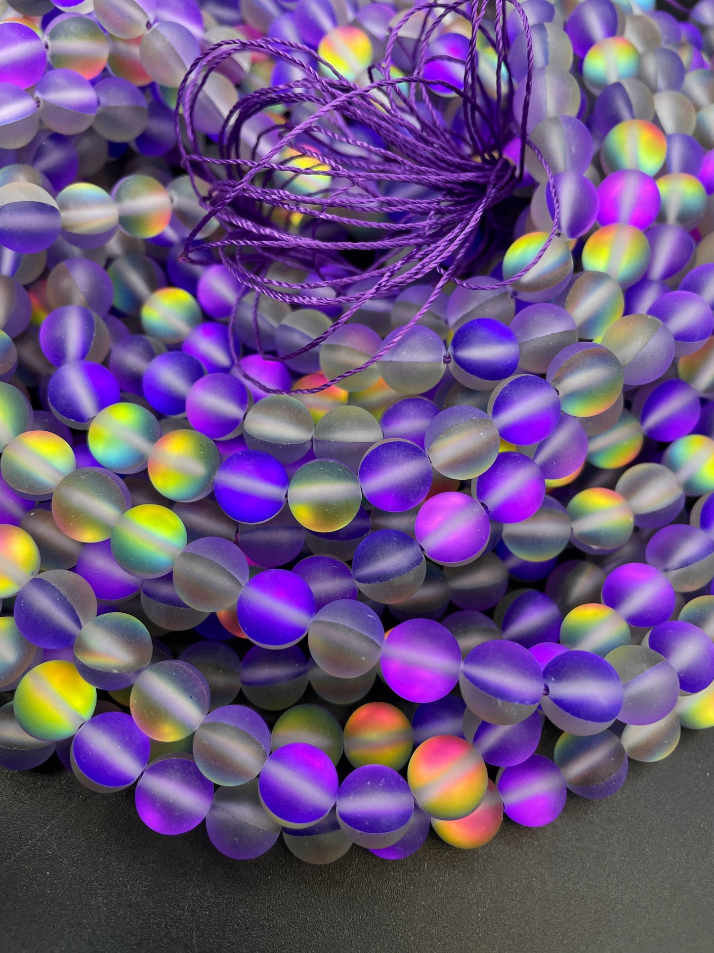 Beautiful Rainbow Mermaid Glass Bead, 6mm 8mm 10mm 12mm Round Beads, Beautiful Matte Purple Rainbow Color Mermaid Glass Bead, Full Strand 15.5"