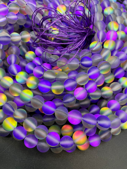 Beautiful Rainbow Mermaid Glass Bead, 6mm 8mm 10mm 12mm Round Beads, Beautiful Matte Purple Rainbow Color Mermaid Glass Bead, Full Strand 15.5"