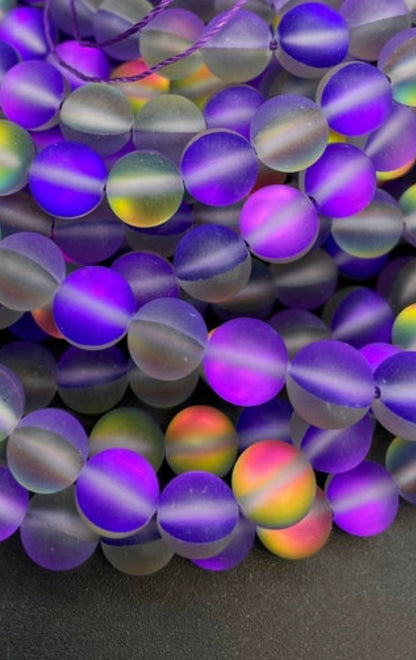 Beautiful Rainbow Mermaid Glass Bead, 6mm 8mm 10mm 12mm Round Beads, Beautiful Matte Purple Rainbow Color Mermaid Glass Bead, Full Strand 15.5"
