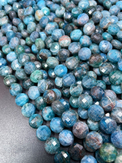 Natural Blue Apatite Gemstone Beads - Faceted 10mm Coin Shaped Bead - Beautiful Natural Sea Blue Color Apatite Gemstone - High Quality