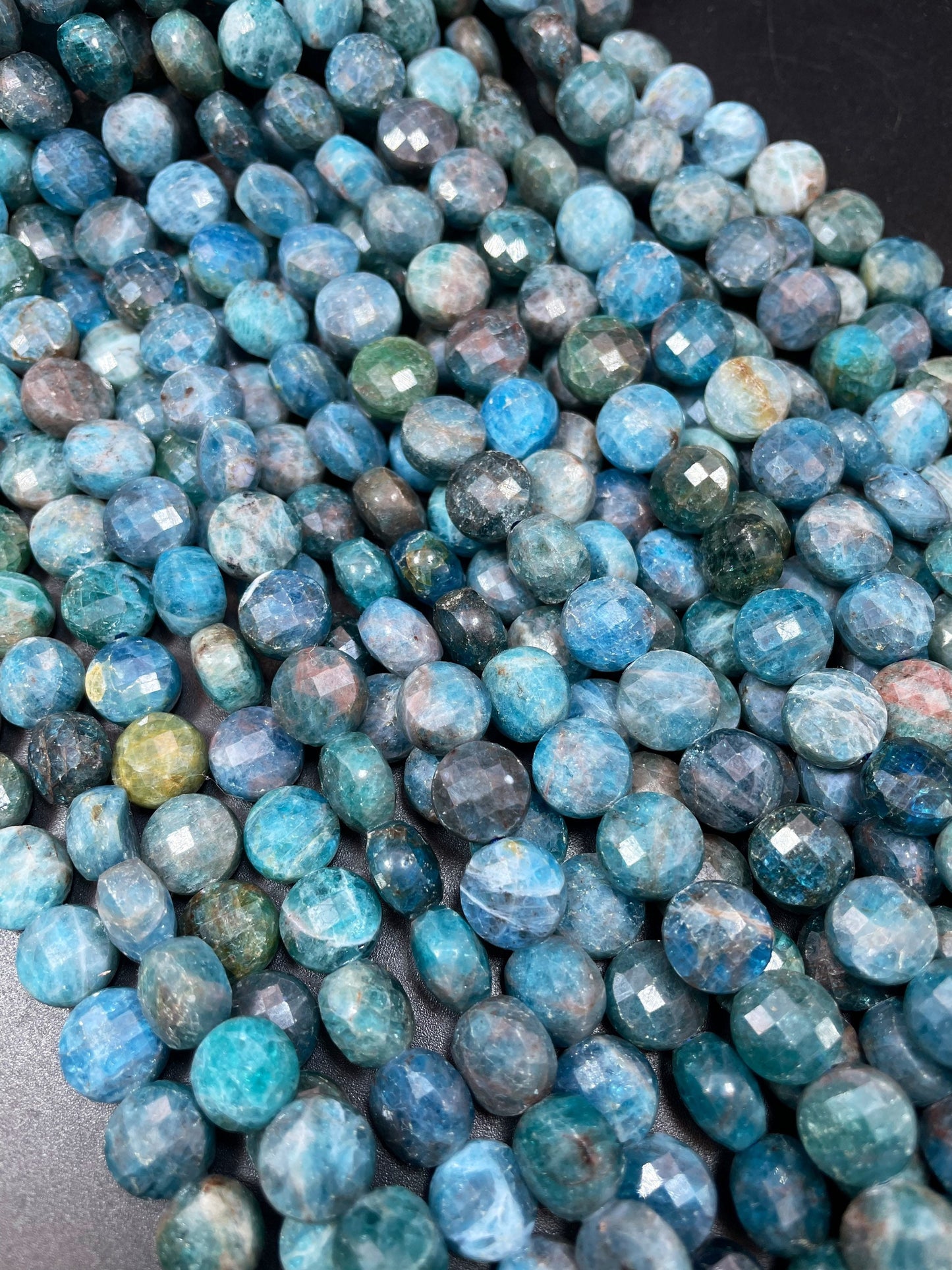 Natural Blue Apatite Gemstone Beads - Faceted 10mm Coin Shaped Bead - Beautiful Natural Sea Blue Color Apatite Gemstone - High Quality