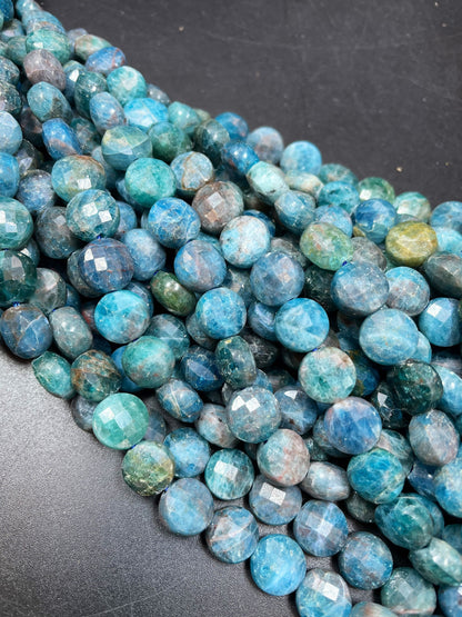 Natural Blue Apatite Gemstone Beads - Faceted 10mm Coin Shaped Bead - Beautiful Natural Sea Blue Color Apatite Gemstone - High Quality