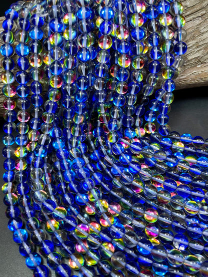 Mermaid Glass Beads 6mm 8mm 10mm 12mm Round Bead, Gorgeous Blue Rainbow Color Mermaid Glass Beads, Full Strand 15.5"