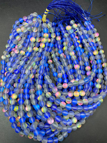 Beautiful Mermaid Glass Beads 6mm 8mm 10mm 12mm Round Beads, Gorgeous Matte Blue Rainbow Color Mermaid Glass Beads Full Strand 15.5"