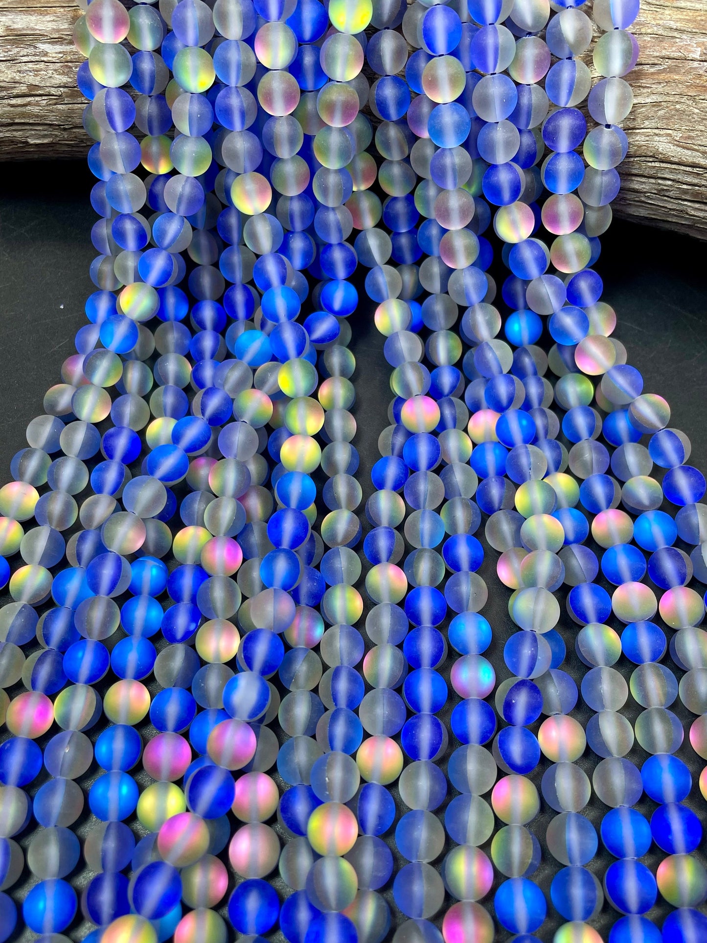 Beautiful Mermaid Glass Beads 6mm 8mm 10mm 12mm Round Beads, Gorgeous Matte Blue Rainbow Color Mermaid Glass Beads Full Strand 15.5"