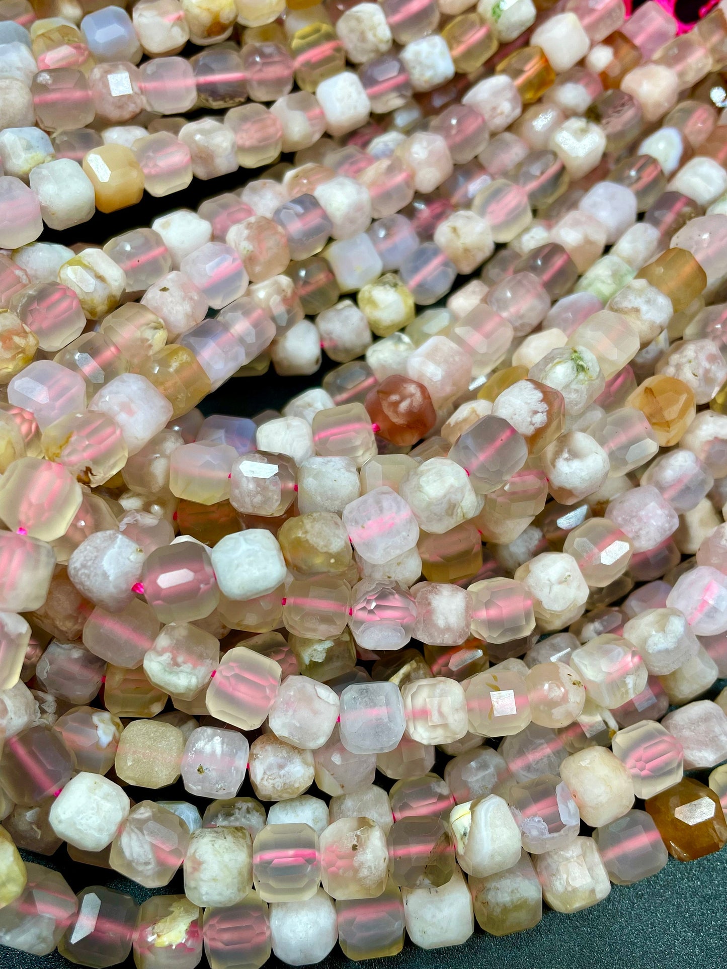 AAA Natural Cherry Blossom Flower Agate Gemstone Bead Faceted 8mm Cube Shape, Gorgeous Natural Beige Light Pink Clear Color Beads