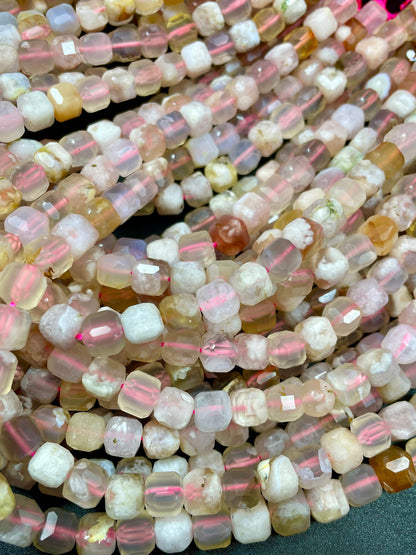 AAA Natural Cherry Blossom Flower Agate Gemstone Bead Faceted 8mm Cube Shape, Gorgeous Natural Beige Light Pink Clear Color Beads