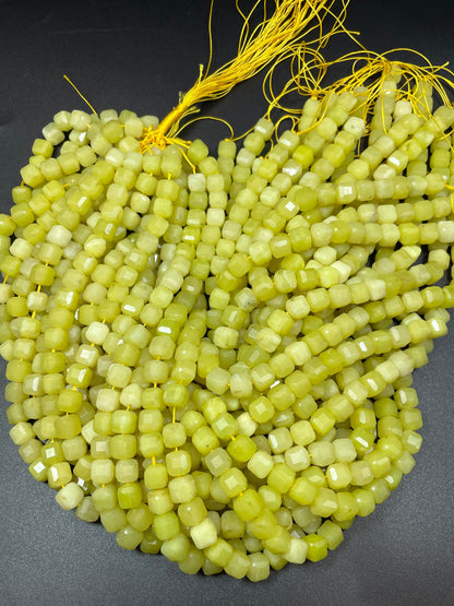 AAA Natural Lemon Jade Gemstone Bead Faceted 8mm Cube Shape, Gorgeous Lemon Green Yellow Color Jade Beads