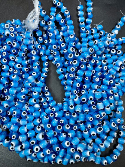 Evil Eye Glass Beads 6mm 8mm 10mm Round Beads, Beautiful Turquoise Blue White Black Color Evil Eye Glass Beads, Lucky Eye Bead Full Strand 15.5"