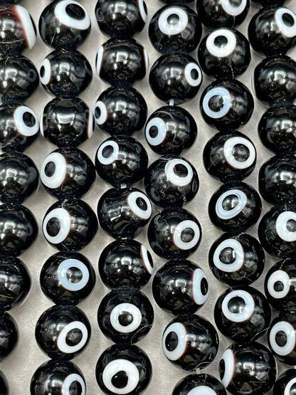 Evil Eye Glass Beads 6mm 8mm 10mm Round Shape, Lucky Eye Beads, Black Evil Evil Glass Beads Full Strand