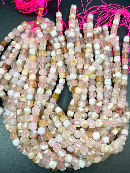 AAA Natural Cherry Blossom Flower Agate Gemstone Bead Faceted 8mm Cube Shape, Gorgeous Natural Beige Light Pink Clear Color Beads