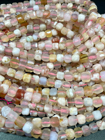 AAA Natural Cherry Blossom Flower Agate Gemstone Bead Faceted 8mm Cube Shape, Gorgeous Natural Beige Light Pink Clear Color Beads