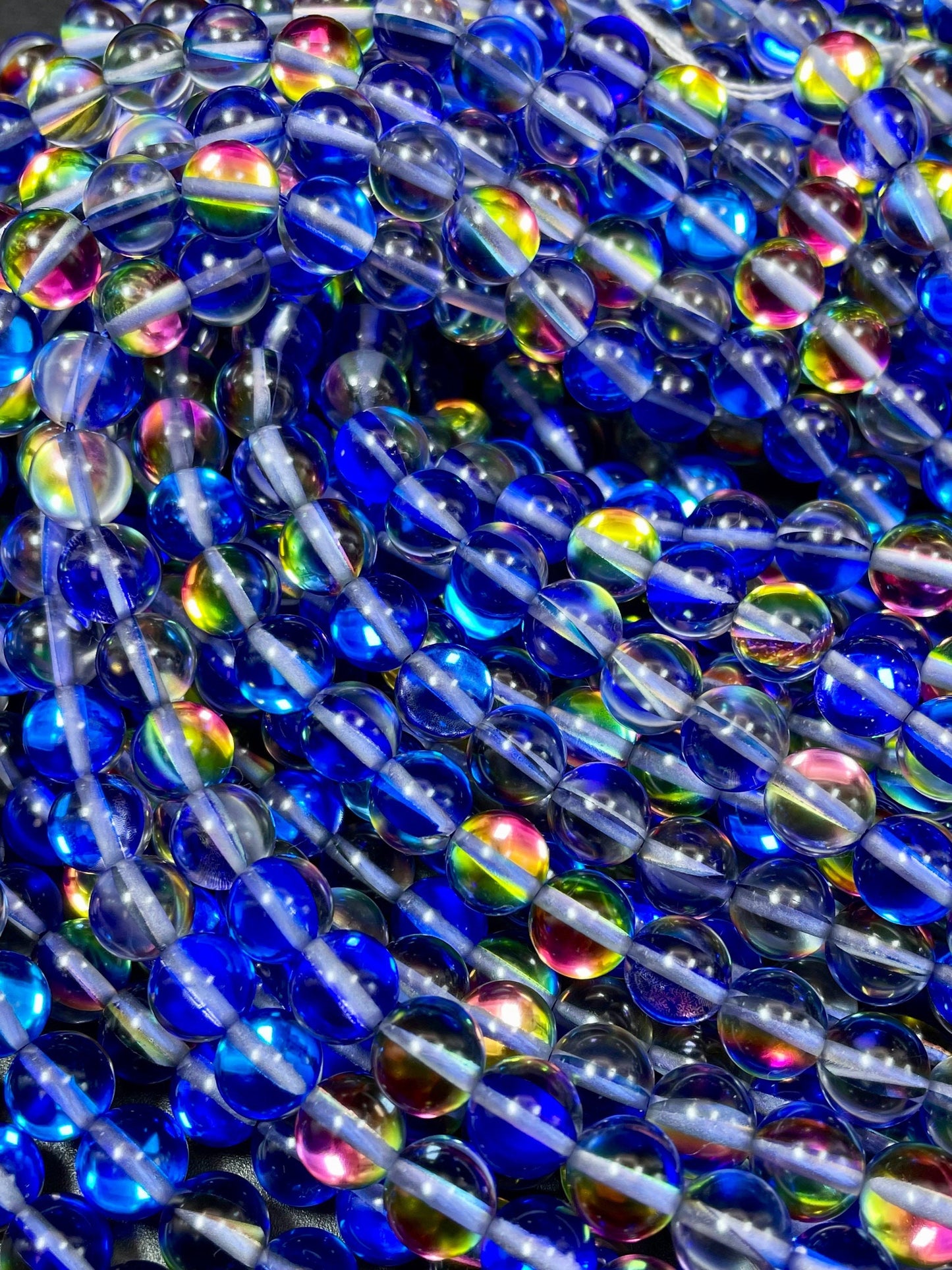 Mermaid Glass Beads 6mm 8mm 10mm 12mm Round Bead, Gorgeous Blue Rainbow Color Mermaid Glass Beads, Full Strand 15.5"