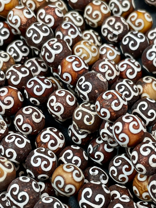 Natural Tibetan Hand Painted Stone Bead 8mm 12mm Round Shape, Gorgeous Brown White Hand Painted Design Tibetan Bead 15.5"