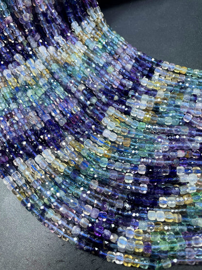 AAA Natural Fluorite Gemstone Bead Faceted 4mm Cube Shape, Beautiful Natural Multicolor Fluorite Gemstone Bead, Full Strand 15.5"