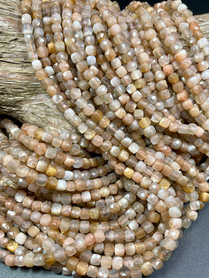 AAA Natural moonstone bead. Faceted 5mm faceted cube shape bead. Gorgeous natural multi color moonstone. High quality, Full strand 15.5"