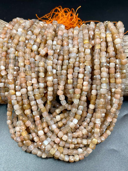 AAA Natural moonstone bead. Faceted 5mm faceted cube shape bead. Gorgeous natural multi color moonstone. High quality, Full strand 15.5"