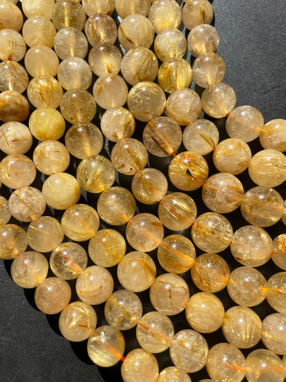 AA+ Natural Gold Rutilated Quartz Gemstone Bead 5mm 6mm 8mm 9mm 10mm 12mm Round Beads, Natural Golden Yellow Color Rutilated Quartz Gemstone Bead