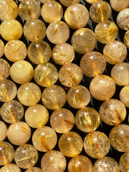 AA+ Natural Gold Rutilated Quartz Gemstone Bead 5mm 6mm 8mm 9mm 10mm 12mm Round Beads, Natural Golden Yellow Color Rutilated Quartz Gemstone Bead