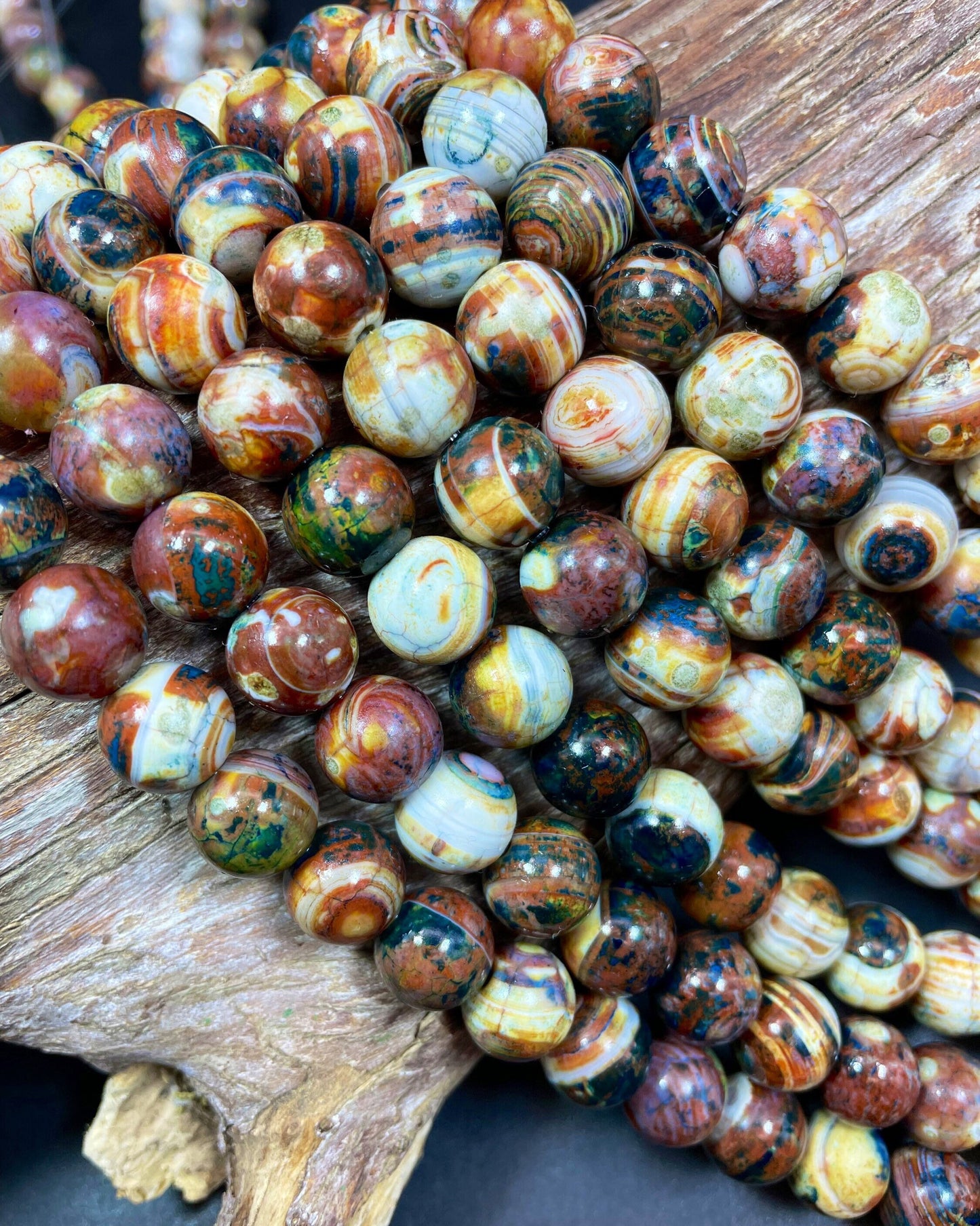 Beautiful Natural Tibetan Gemstone Bead 10mm Round Bead, Beautiful Brown Gray Orange Color Tibetan Gemstone Beads 15.5"