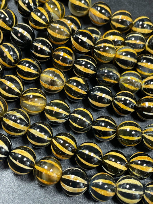 Natural Tibetan Gemstone Bead 6mm 8mm 10mm Round Bead, Gorgeous Black Yellow-Orange Dzi Agate Striped Gemstone Beads