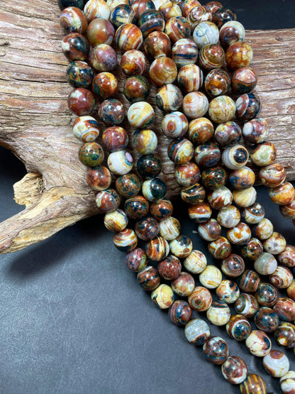 Beautiful Natural Tibetan Gemstone Bead 10mm Round Bead, Beautiful Brown Gray Orange Color Tibetan Gemstone Beads 15.5"