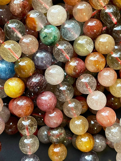 Natural Multi Rutilated Quartz Gemstone Bead 6mm 8mm 10mm Round Beads, Multicolor Rutilated Quartz Gemstone Bead