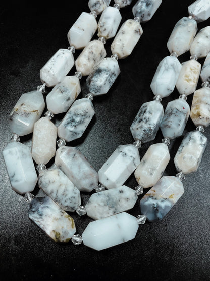 Natural White Opal Gemstone Bead Faceted 13x27mm Barrel Shape, Gorgeous Natural White Color w/ Black Points, 15.5" Strand