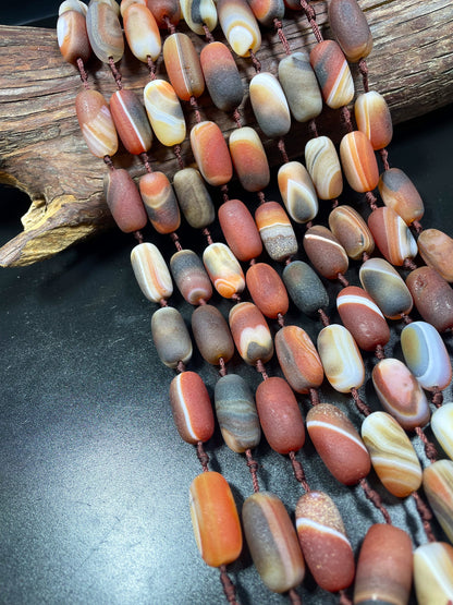 Natural Matte Botswana Agate Gemstone Bead 13x25mm Barrel Shape, Gorgeous Brown Orange Color Botswana Gemstone Beads