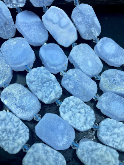 Natural Blue Lace Agate Chalcedony Matte Gemstone Bead, Graduated Rectangle Oval Shape, Natural Blue Lace Agate Bead